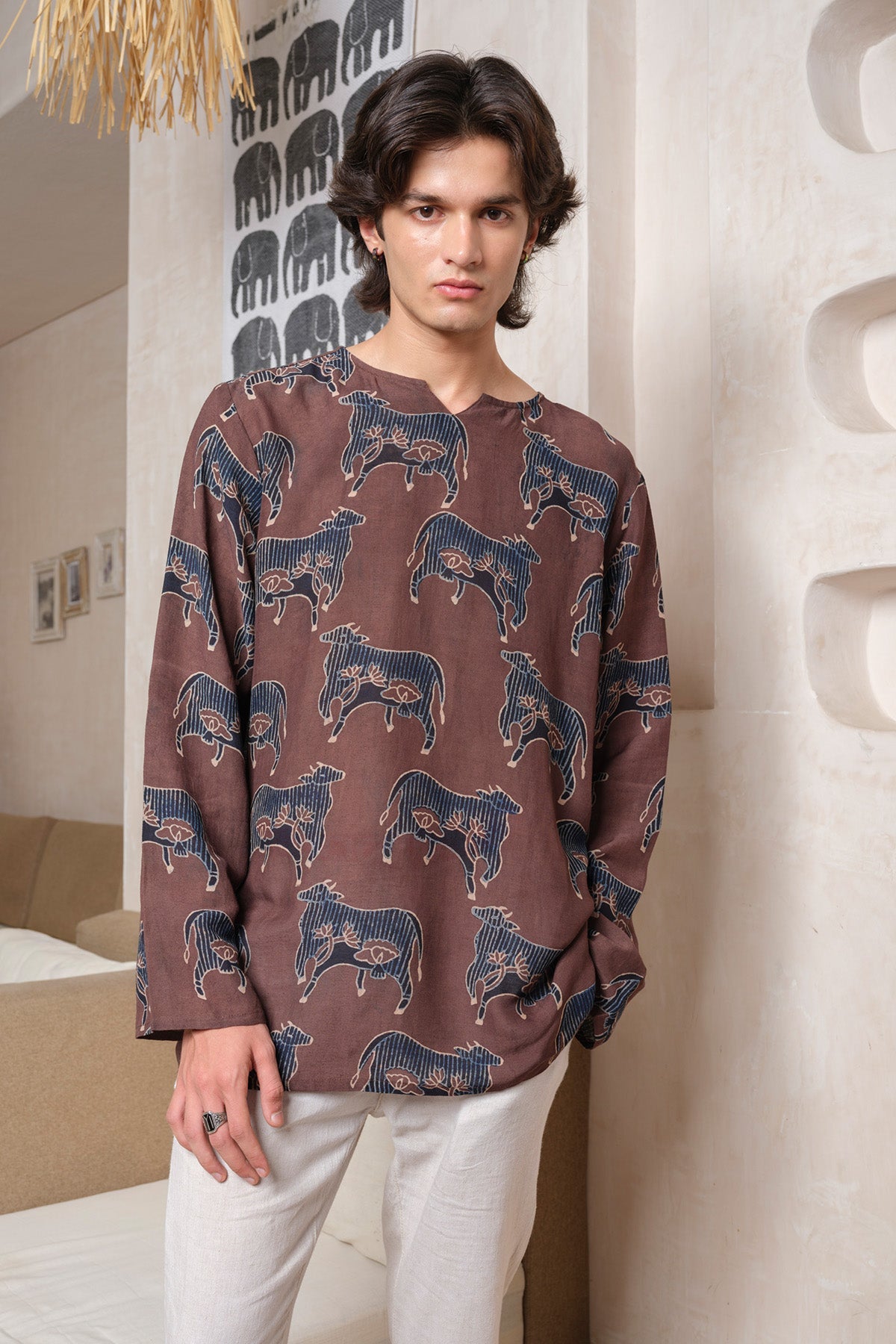 Buy Brown Handblock Printed Kurta by Vasudhaa Vastrram for men online at ScrollnShops